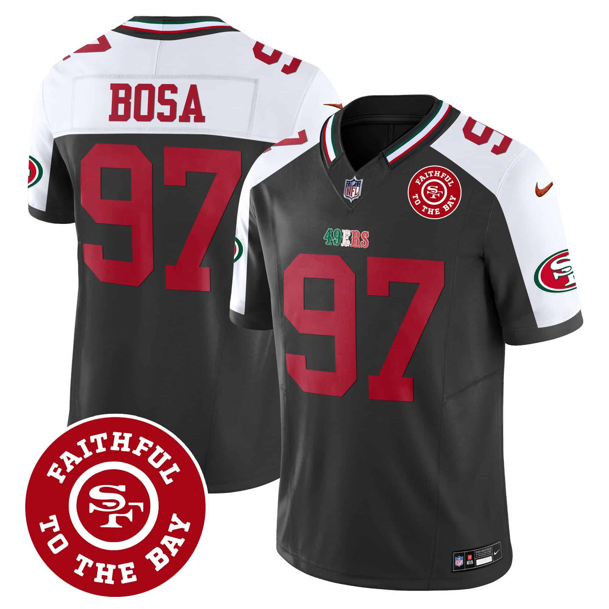 Men San Francisco 49ers 97 Bosa Black 2024 Nike Mexico Faithful To The Bay Patch Vapor NFL Jersey style 1